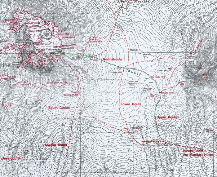 5. Tag Kibo Hut 4700m 00.30 - Gillman's Point - Uhuru Peak 5896m 07.00 - Kibo Hut 09.00 - Rast bis 10.00 - Horombo Hut 3725m 13.00 Uhr ca. 20 km